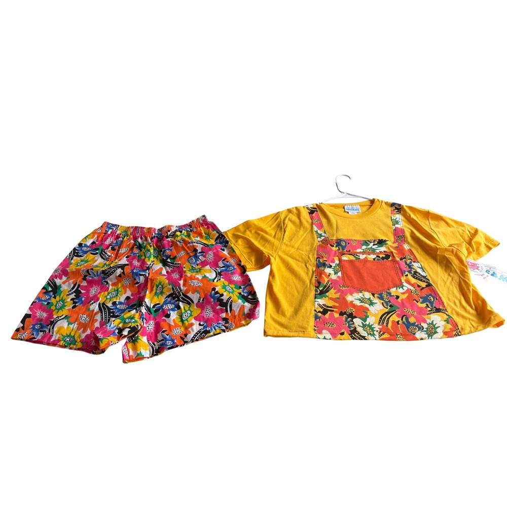 Vintage 90s Floral 2 Piece Set Crop Top Shorts Yellow Large NWT